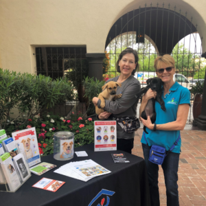 Two women hold puppies at an adoption event with informational posters and donation materials on a table.