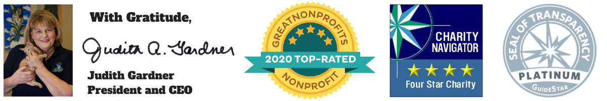 Photo and signature of AAWL President and CEO Judith Gardner beside GreatNonprofits, Charity Navigator, and GuideStar badges.