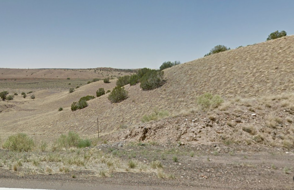 A desert hillside with scattered shrubs and trees rises above a rural roadside.