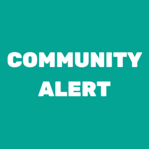Text reads "Community Alert" in large white letters on a teal background.