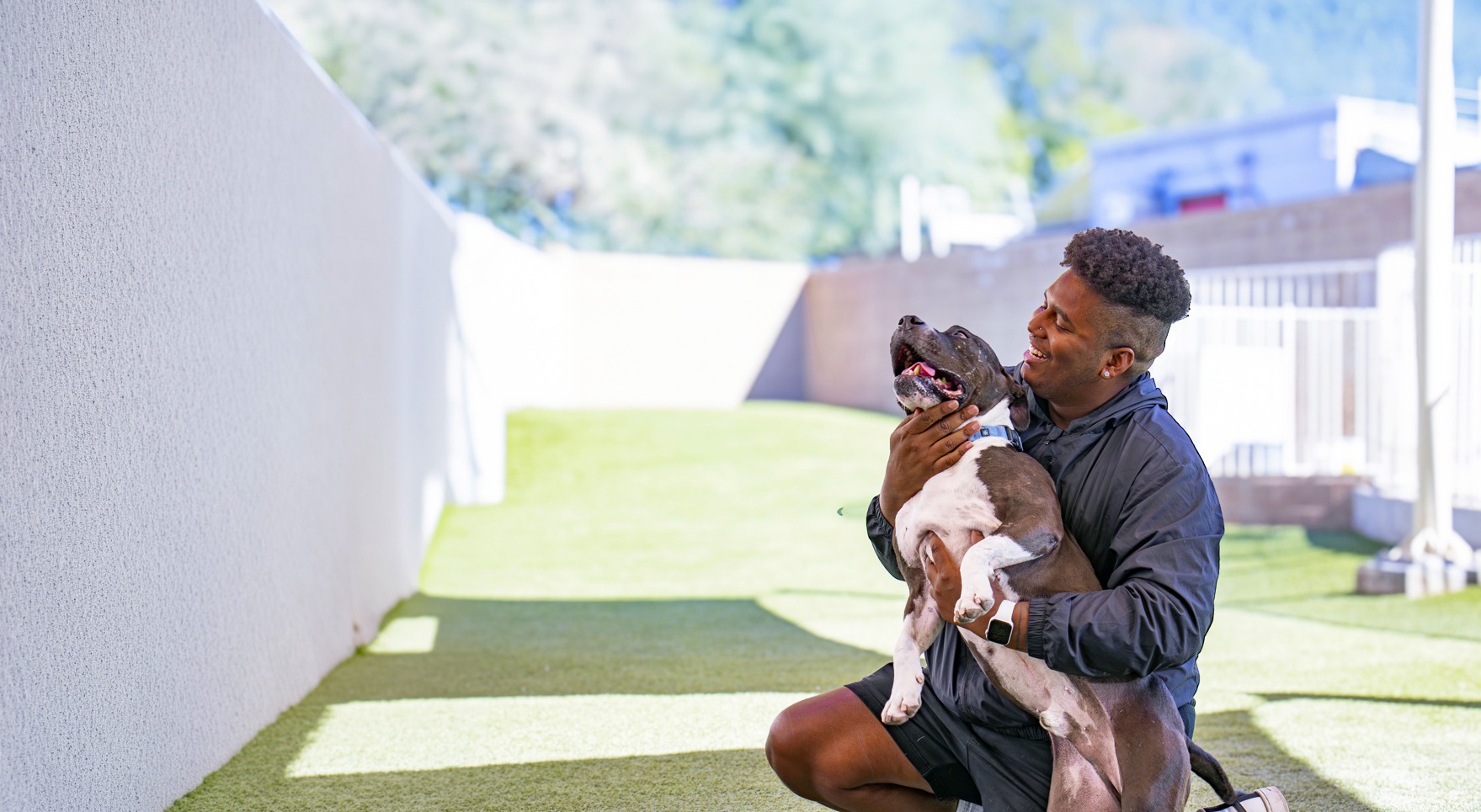 A young man kneeling on grass laughs as he holds a gray-and-white pit-bull-type dog