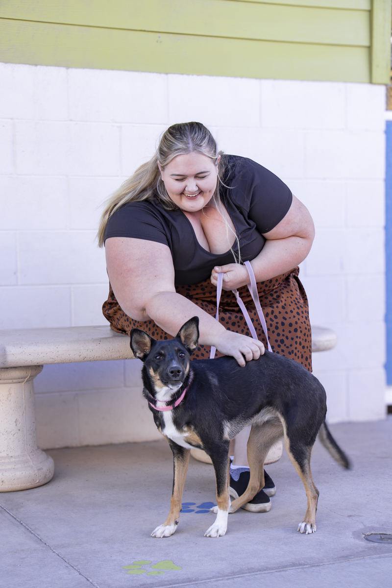 A woman leans over a bench to pet a black and tan shepherd-mix dog on a leash