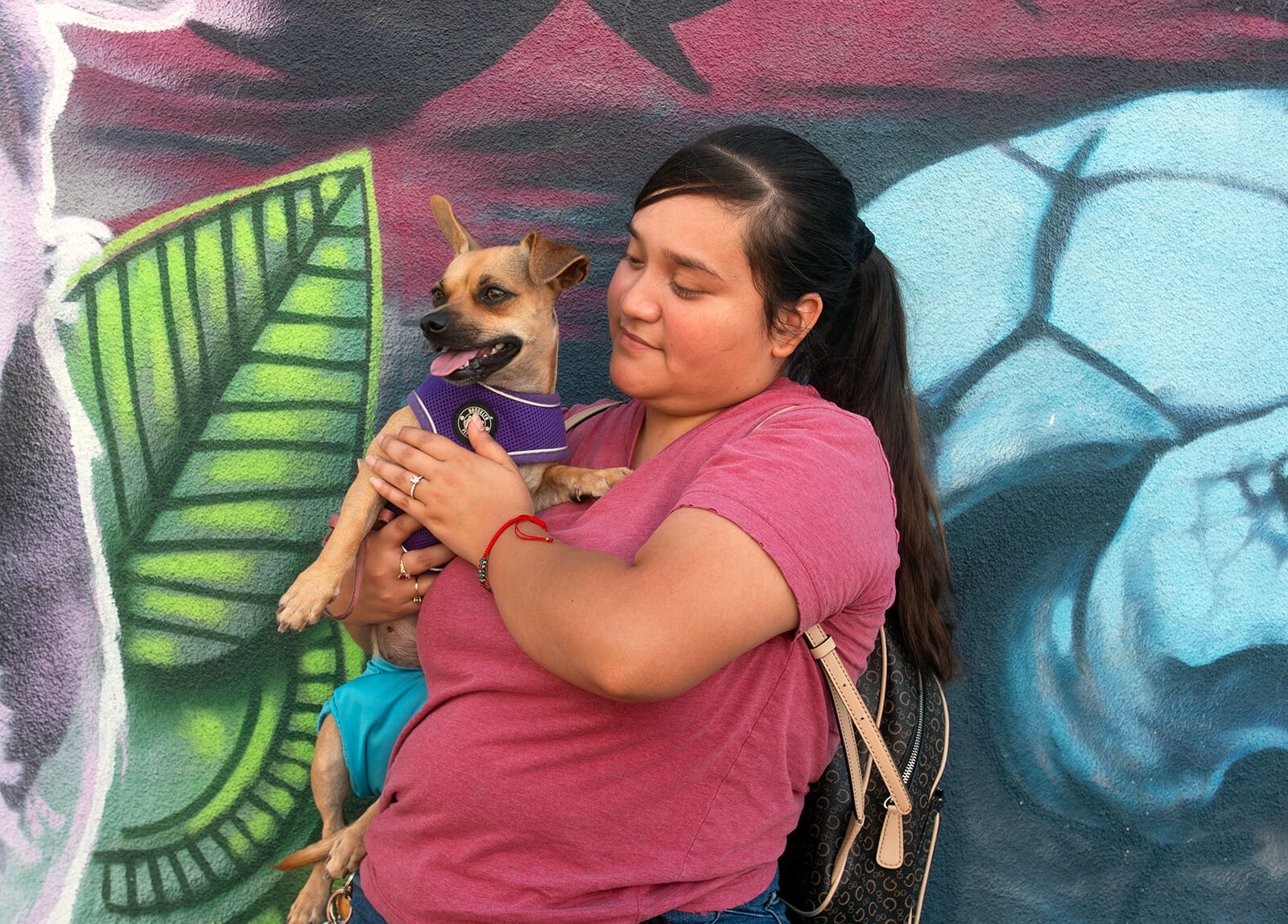 Una mujer con camiseta rosa sostiene a un perrito color canela con arnés morado frente a un mural colorido