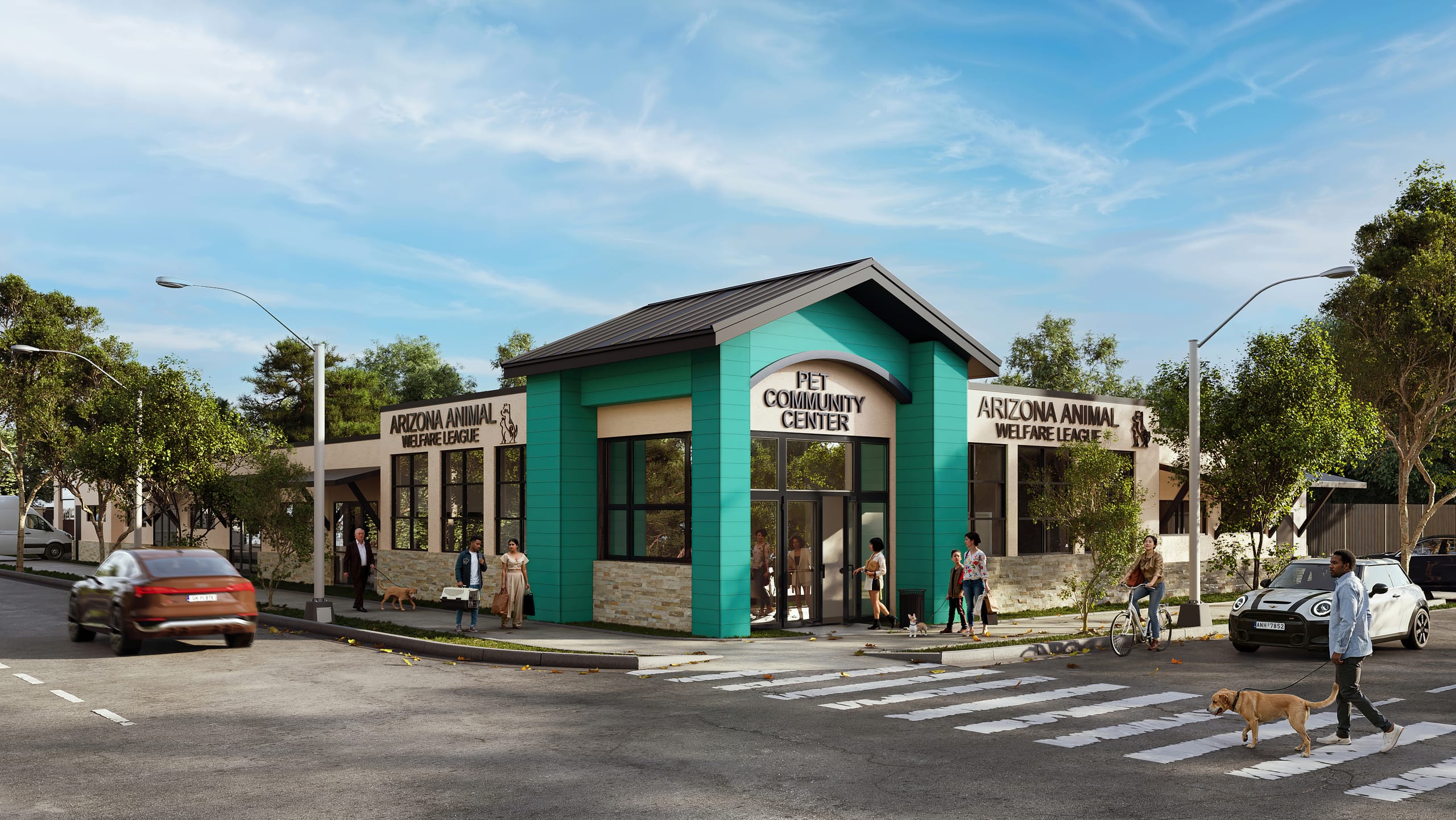 Architectural rendering of the new AAWL Pet Community Center seen from the street corner, a teal and stone building with people and dogs on the sidewalk