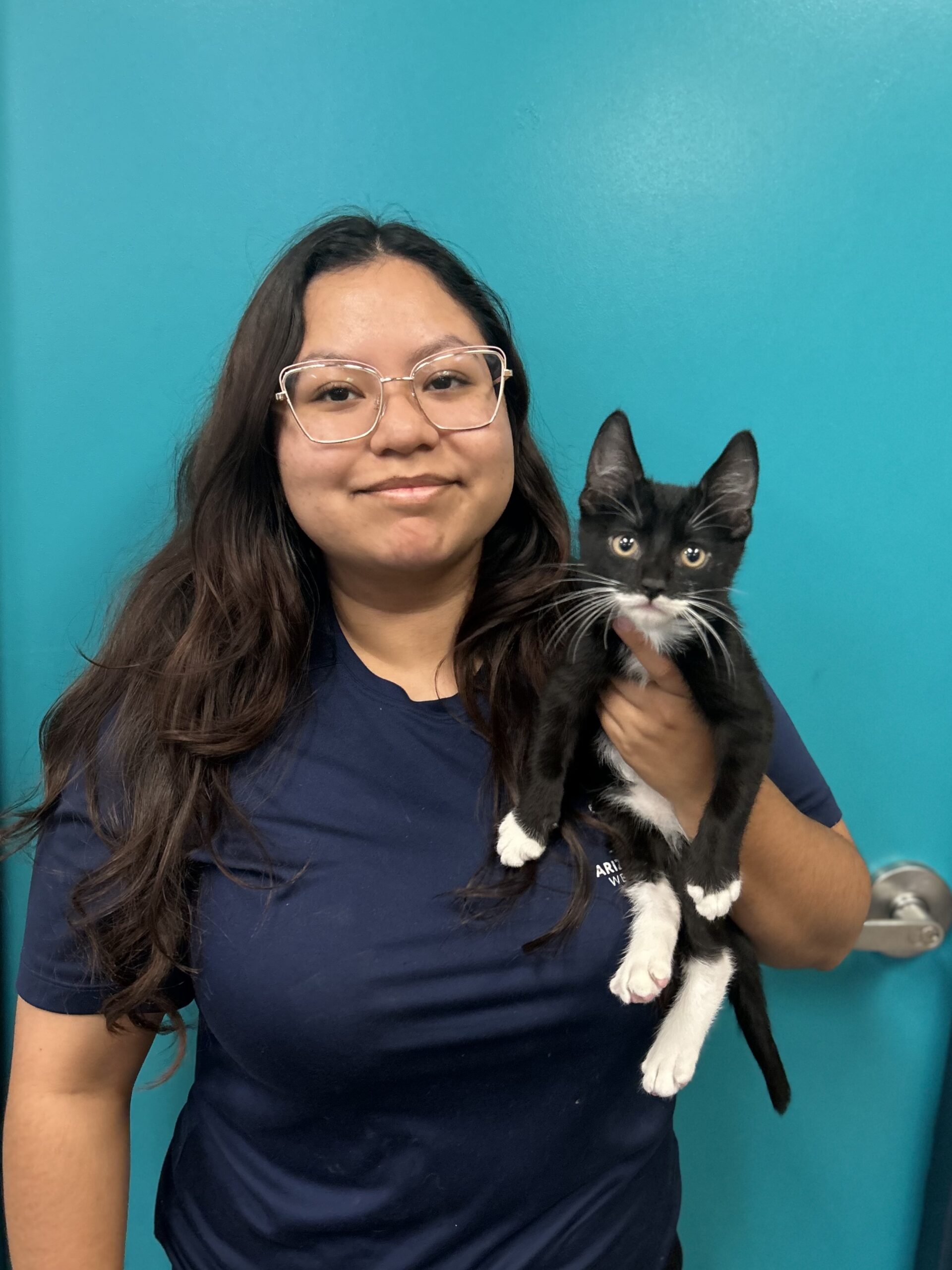 Mujer con cabello largo ondulado y gafas de montura clara, en camiseta azul marino de AAWL, sostiene a un gatito blanco y negro frente a una pared turquesa.