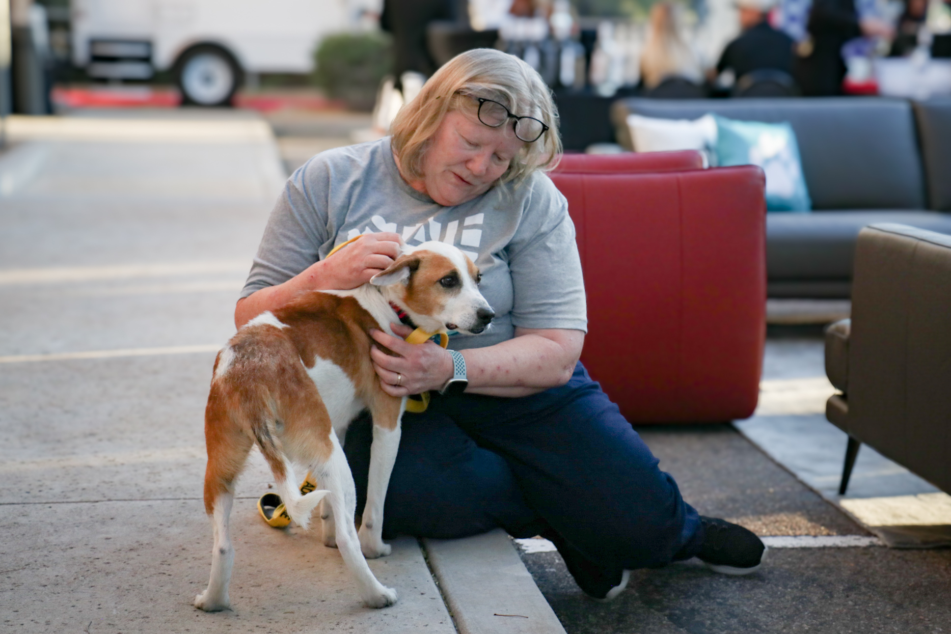 A woman kneels on the pavement with her arm around a tan and white dog wearing a yellow collar, at an outdoor adoption event