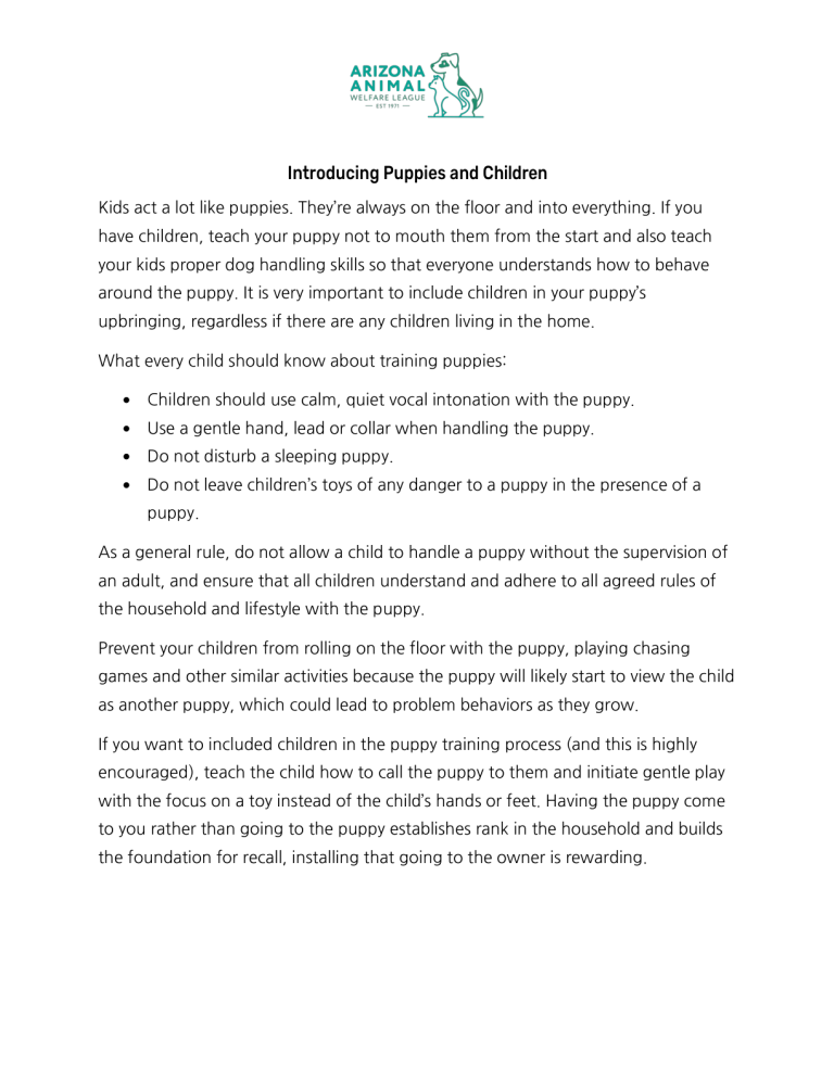 First page of the Introducing Puppies and Children handout