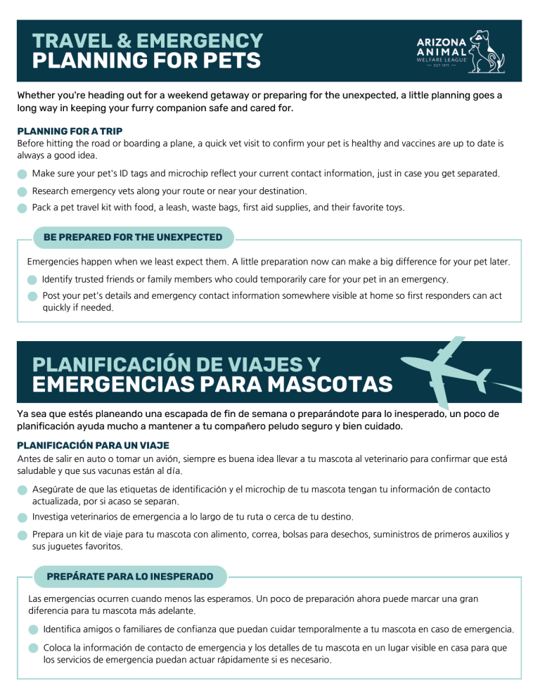 First page of the Travel and Emergency Planning for Pets handout