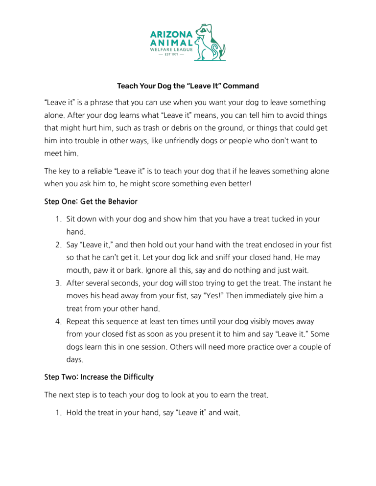 First page of the Teach Your Dog the “Leave It” Command handout