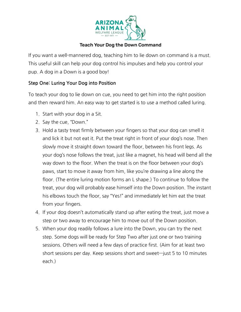 First page of the Teach Your Dog the Down Command handout